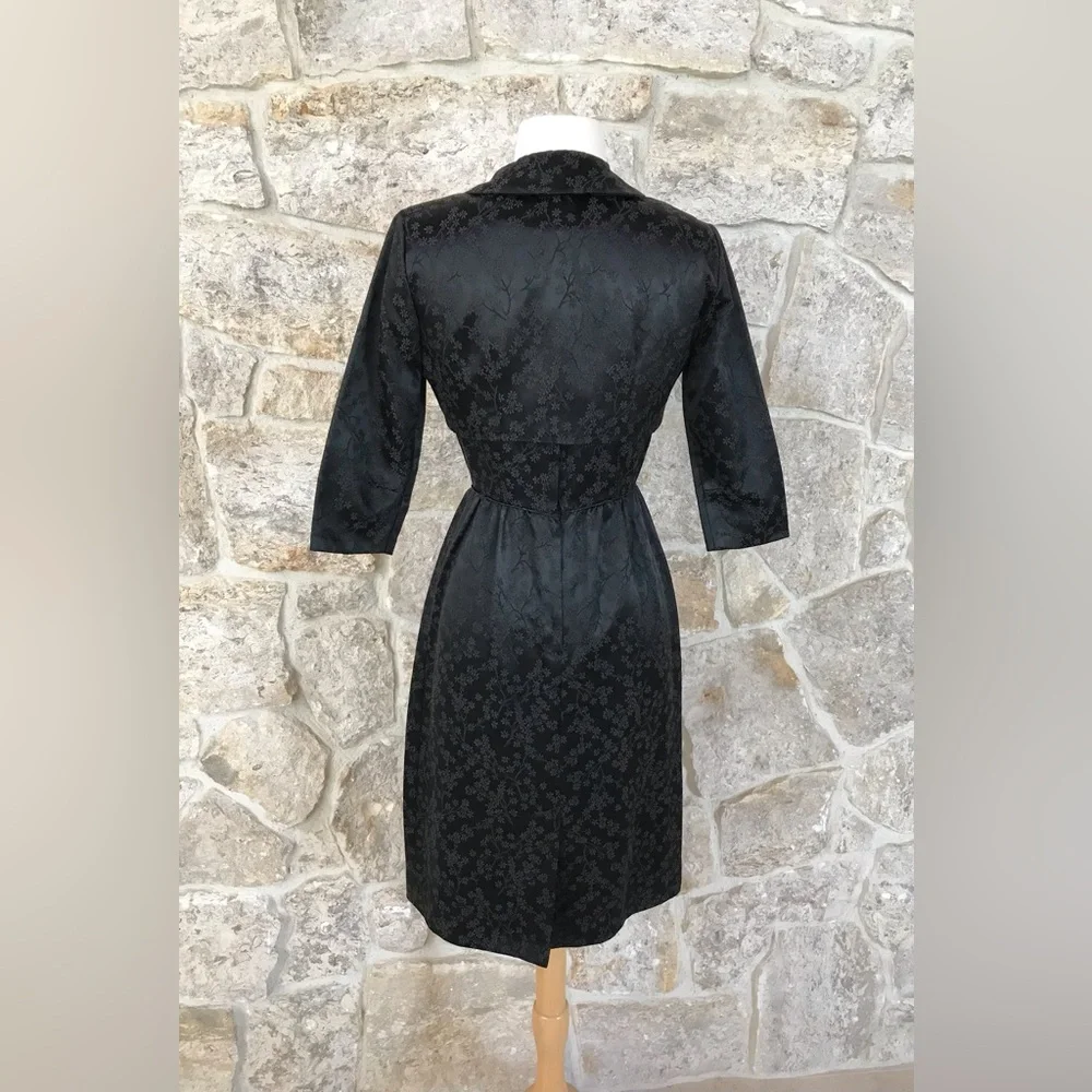 Vintage 50s Black Floral Brocade Dress Set with Kitten Bow Waist Audrey Hepburn - Picture 9 of 16